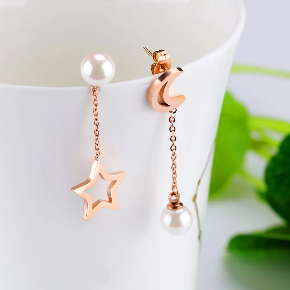 

Rose Gold Color Dangling Star and Moon Earrings Celestial Earrings Simple Asymmetrical Earrings in Stainless Steel