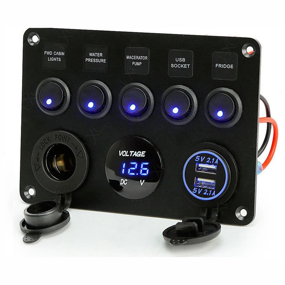 5 Gang 12V 24V Inline Fuse Box LED car Rocker Switch Panel 2 USB Charger Socket Interior accessories for Car Boat Marine