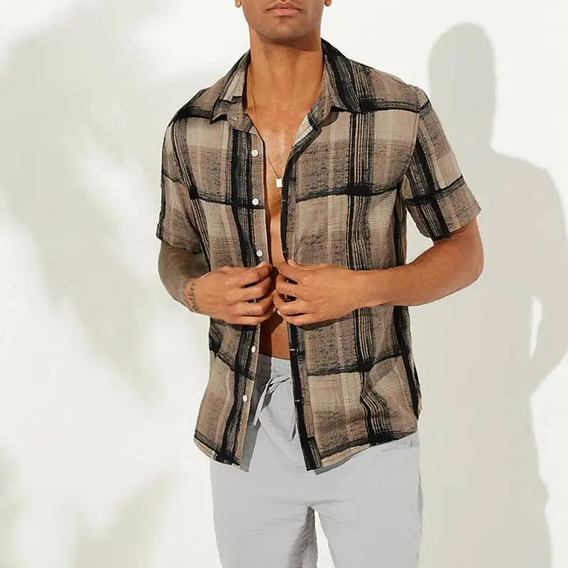 Винтажная Клетчатая Мужская рубашка с коротким рукавом, с отворотом на шее, на пуговицах, дышащая, для отдыха, мужские повседневные брендовые рубашки, гавайская пляжная блуза