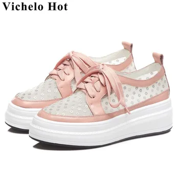 

Vichelo Hot concise design lace up cow leather ventilated mesh med bottom flat platform lace up loafers vulcanized shoes L27