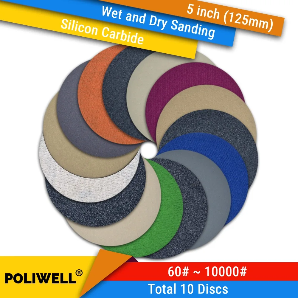 

10PCS 5 Inch(125mm) Silicon Carbide Hook&Loop Waterproof Sanding Discs Wet/Dry Sanding Round Abrasive Sandpaper Car Polishing