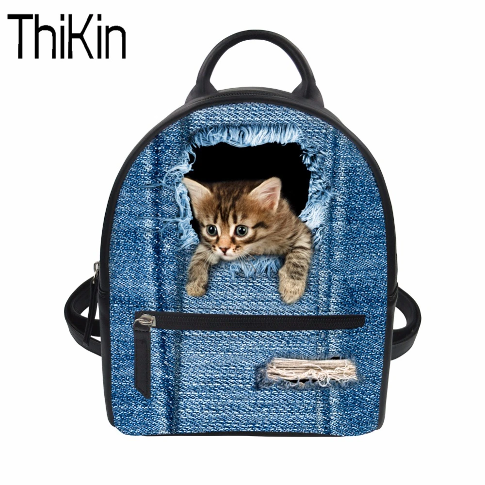Mochila escolar para niños THIKIN, pantalones vaqueros 3D, mochila estampada de gato para niños, niñas, Mini bolsa de viaje para libros, bolso de hombro para adolescentes|Mochilas escolares| -