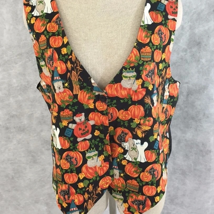 Basic Editions fall vest womens size L large Halloween pumpkin bear black cat
