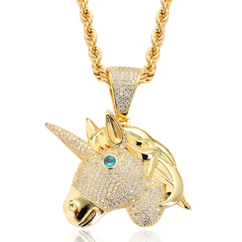 

Zlxgirl rhodium silver and gold unicorn Shape copper pendant stainless steel chain men's cubic zircon hip hop clothing accessory