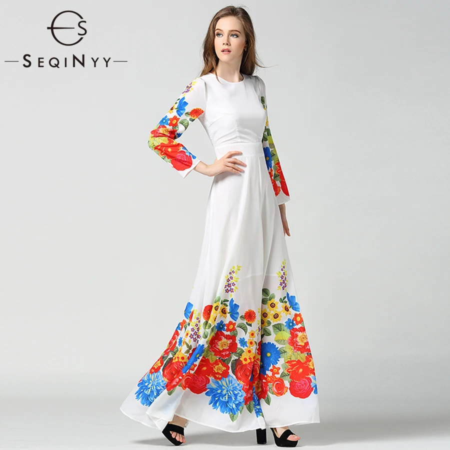 

SEQINYY Elegant Flower Dresses 2019 Spring Autumn Woman's New Fashion Printed Long Sleeve High Street Floor Length Long Dresses