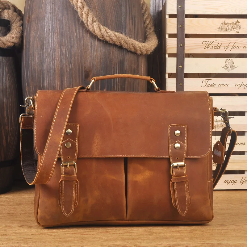 

Vintage Men's Genuine Leather briefcase Men Bag Business Crazy Horse leather Laptop Double Layer messenger bag PC work tote