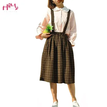 

New Japanese Mori Girl Little Fresh Plaid Straps Skirt Autumn/Winter Fashion Casual High Waist Skirt Black Gray Chocolate Coffee