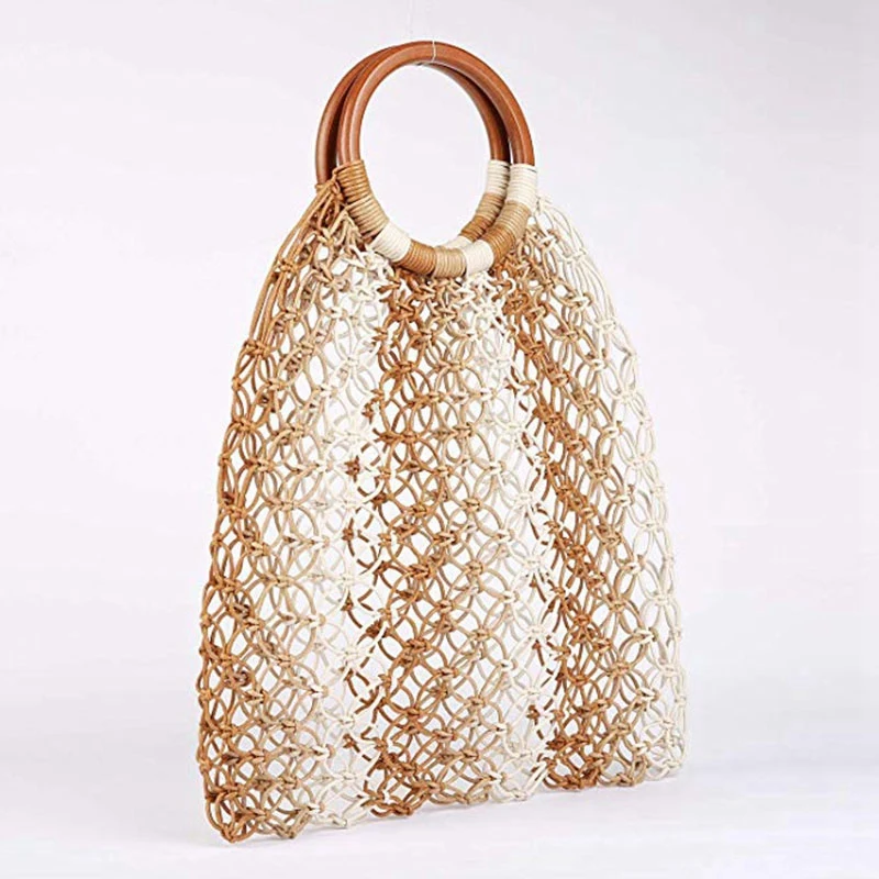 

BEAU-Large Beach Bag Crossbody Summer Beach Tote With Top Handles, Net Camel Wooden Handle