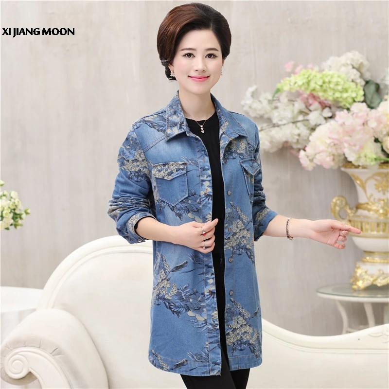 

2019 Spring Autumn New Middle-Aged Women Denim Jacket Turndown Collar Long Sleeve Plus Size Fashion Mother Jacket Coat R410