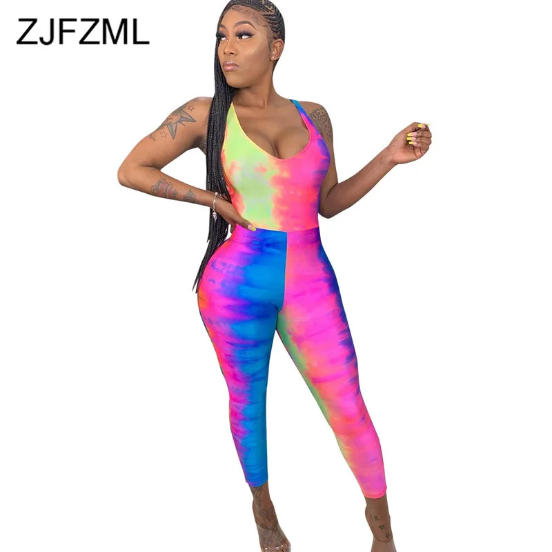

Tie Dye Print Rompers Womens Jumpsuit Summer Deep V Neck Sleeveless Plus Size Overall Streetwear Halter Backless Bodycon Catsuit