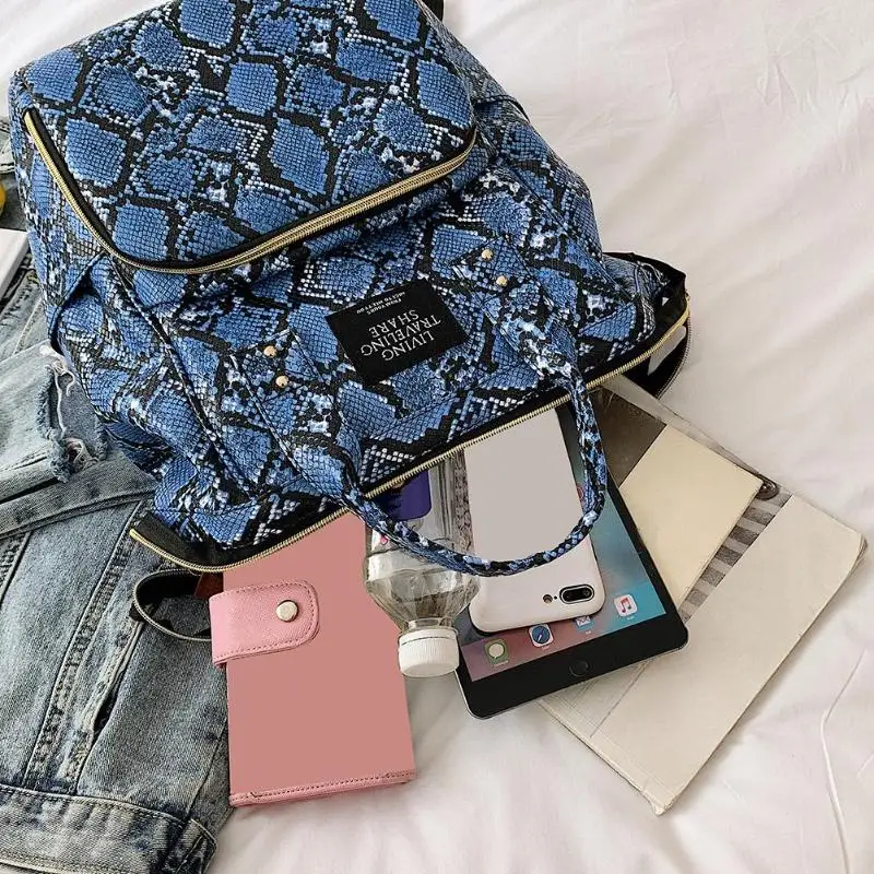 Snake Print Mommy Travel Backpacks Large Capacity PU Leather Maternity Nappy Travel Shoulder School Bags Daily Book Bags Student