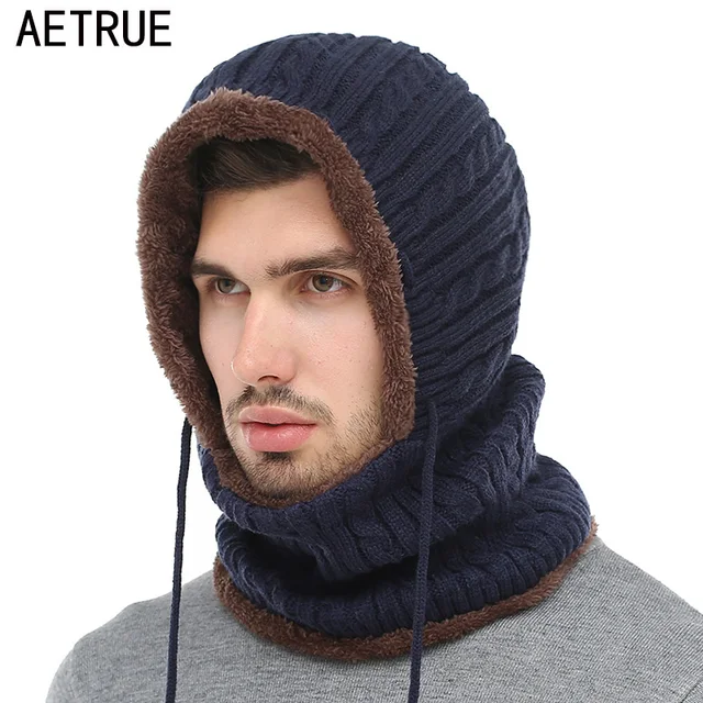 AETRUE Winter Knitted Hat Beanie Men Scarf Skullies Beanies Winter Hats