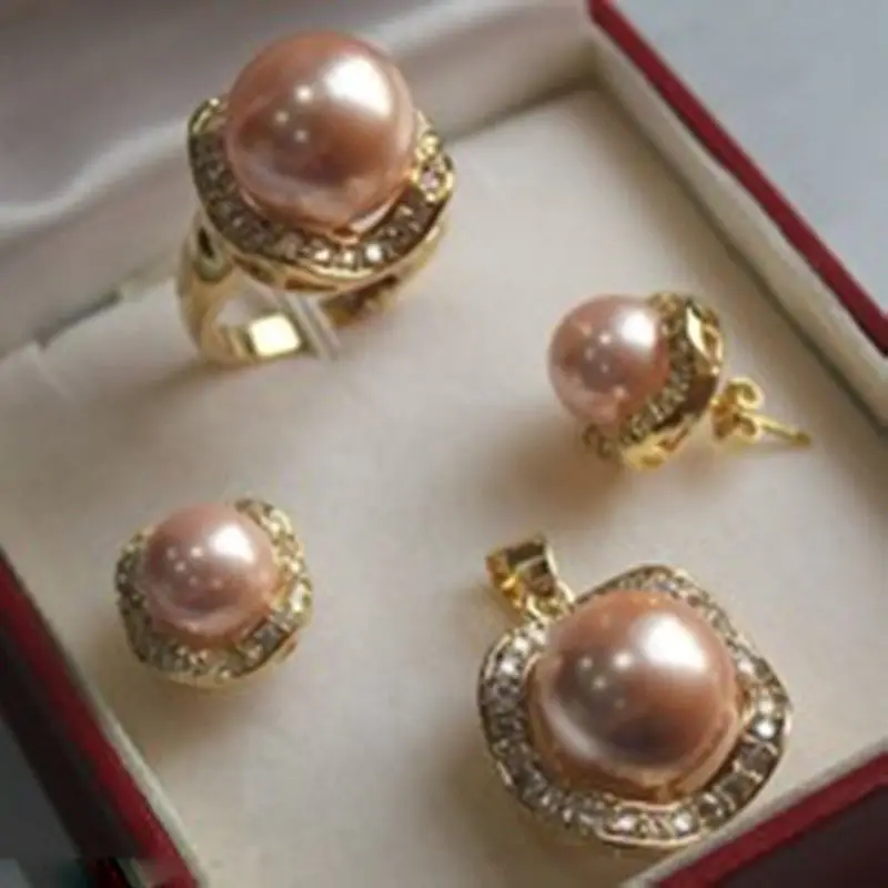 

Hot selling> 1 set 10 mm &14mm pink sea shell pearl mother of pearl pendant earring ring NEW NEW -Bride jewelry free shipping