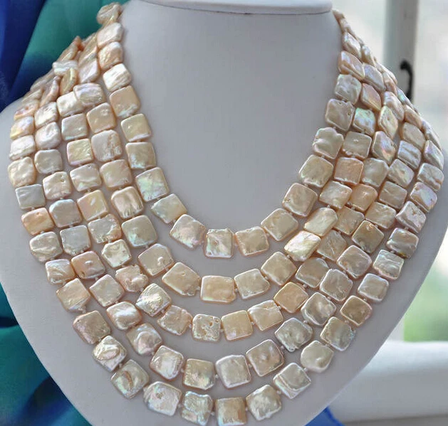 

Free Shipping ***Hot sale >>LONG 13mm square pink Freshwater cultured pearl necklace 100inch