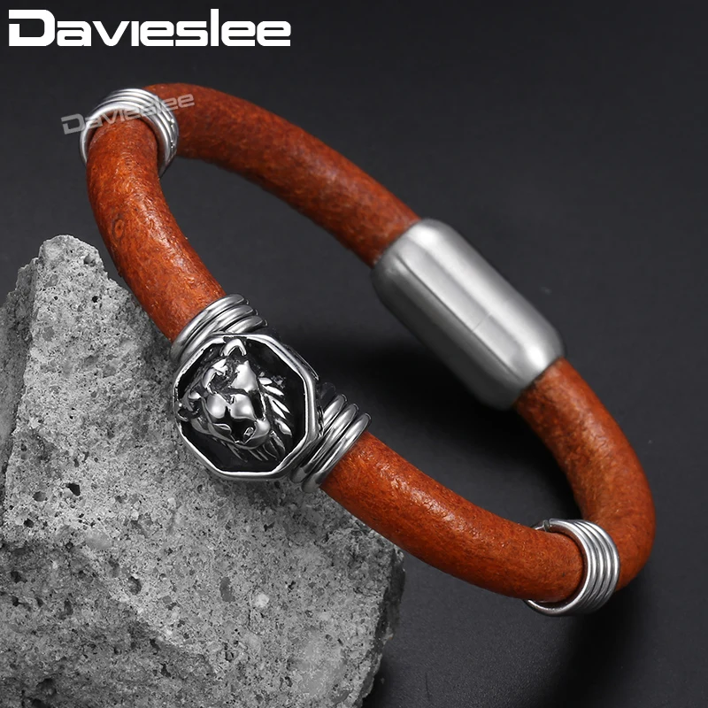 Davieslee панк кожаный браслет для Для мужчин Нержавеющая сталь головы леопарда из натуральной кожи Для Мужчин's Браслеты мужской ювелирные