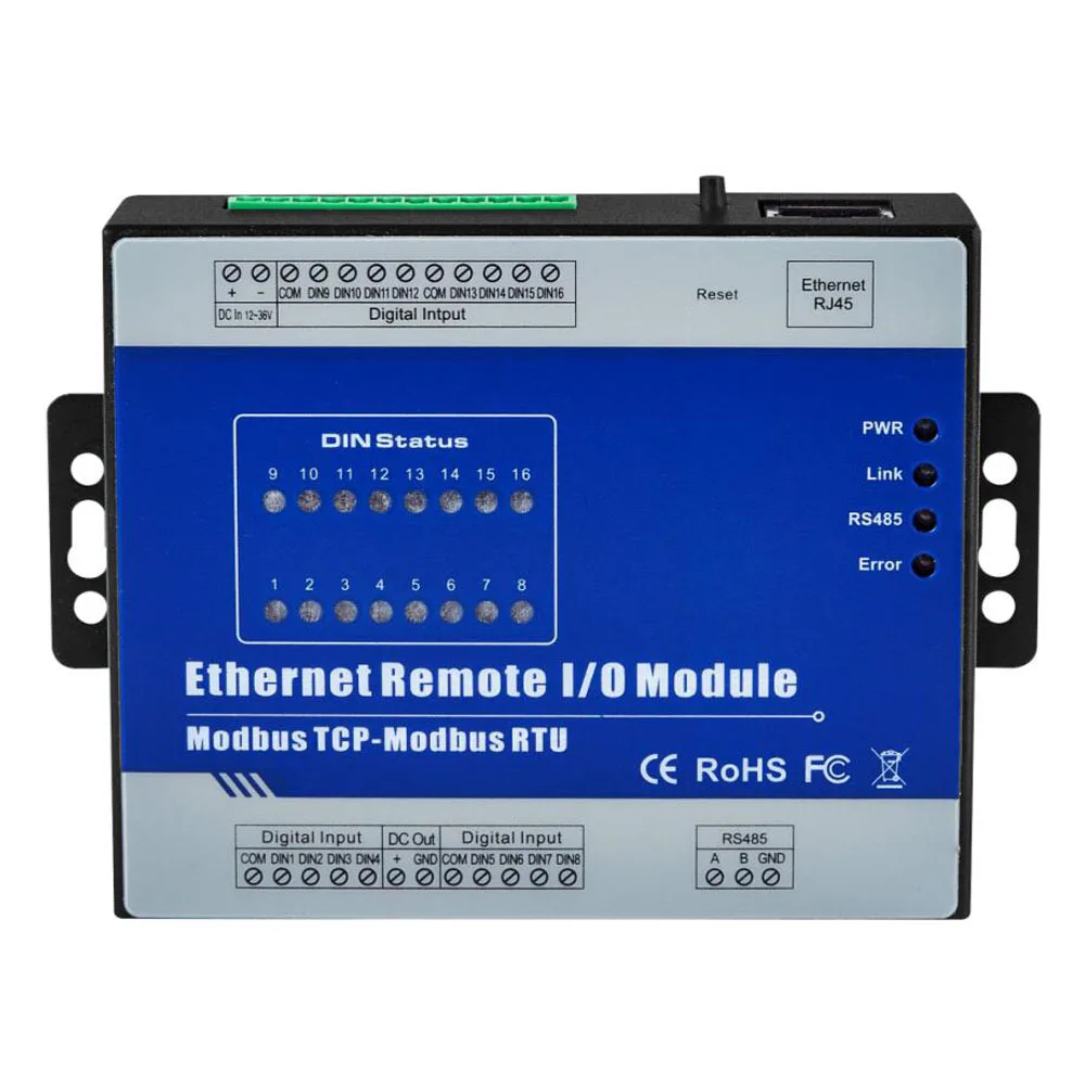 

RS485 Serial port Ethernet Modbus RTU Module Supports High speed pulse counter with 16 optical-isolated digital inputs