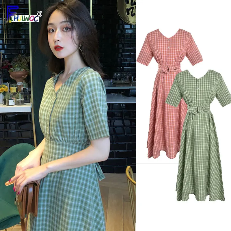 A Line Dresses Woman Summer Cute Japan Korean Style Prairie Sweet Preppy Design Button Shirt Dress Bow Ribbon Tie 7515