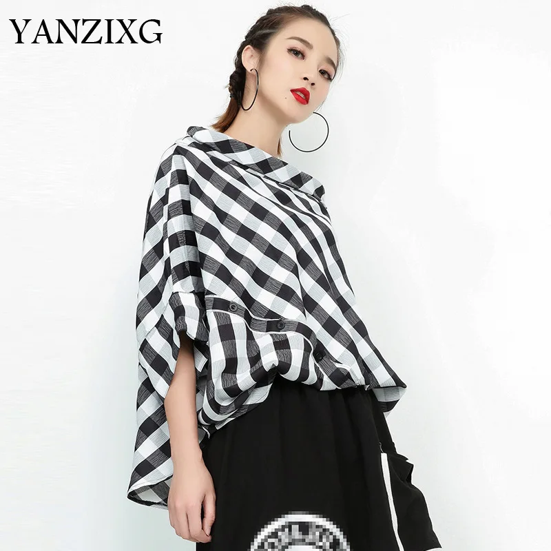 

2019 Summer Women's New Slahs Neck Lattice Shirt Loose Large Size Personality Irregular Half Sleeve Blouse Tops Q442