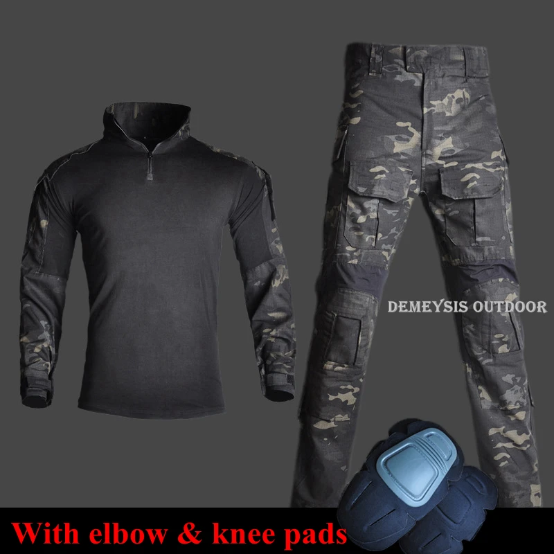 Multicam Tactical Airsoft Uniform Army Combat Clothes Military Hunting Assault Suit with Knee Elbow Pads Tactics Shirt+ Pants - Цвет: black camouflage