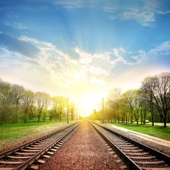 

Laeacco Railway Train Sunrise Morning Tree Cloudy Sky Scenic Photographic Backgrounds Photography Backdrops For Photo Studio