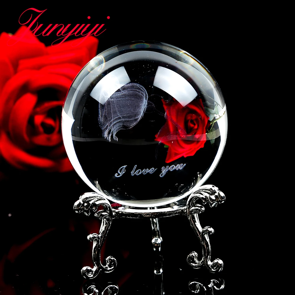 Rose Glass Ball 3D Laser Engraved Large Crystal Ball Flower Sphere
