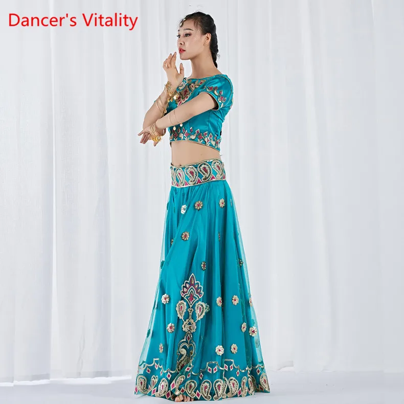 Clothes For Dancing, Stage Costume Belly Dancing Clothes Indian Dance Costume Bollywood 3 Pieces Set(Top, Skirt And Sari - Цвет: Небесно-голубой