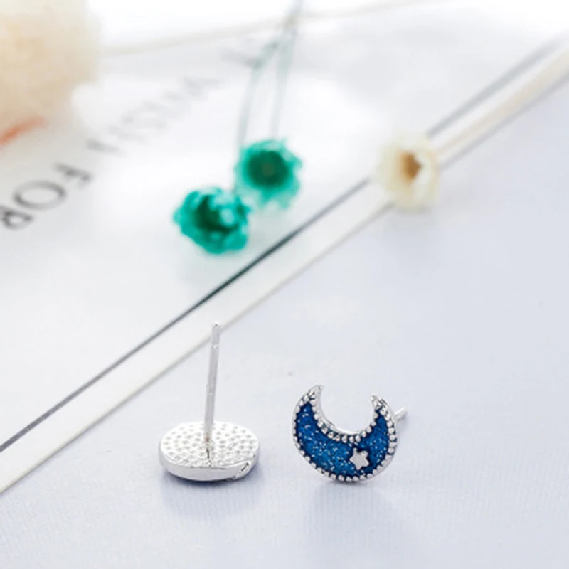 Qevila New Fashion Plated 925 Silver Moon Star Stud Earring Van Gogh Starry Sky Enamel Unique Earring For Women Romantic Jewelry (5)