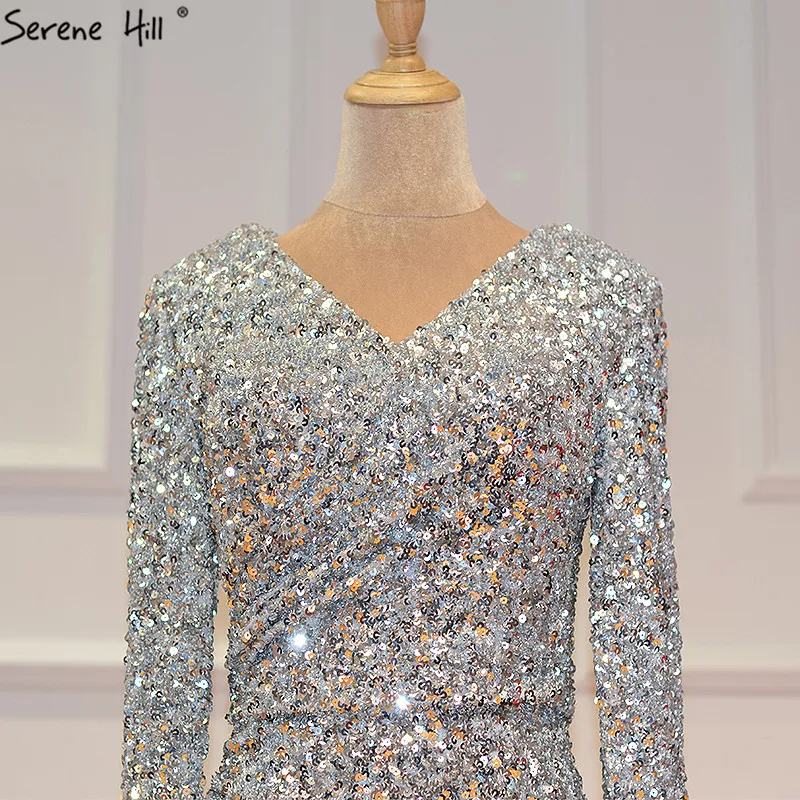 Дубай роскошные серебряные вечерние платья с длинными рукавами последние дизайнерские блестящие вечерние платья с блестками Serene Хилл LA60838