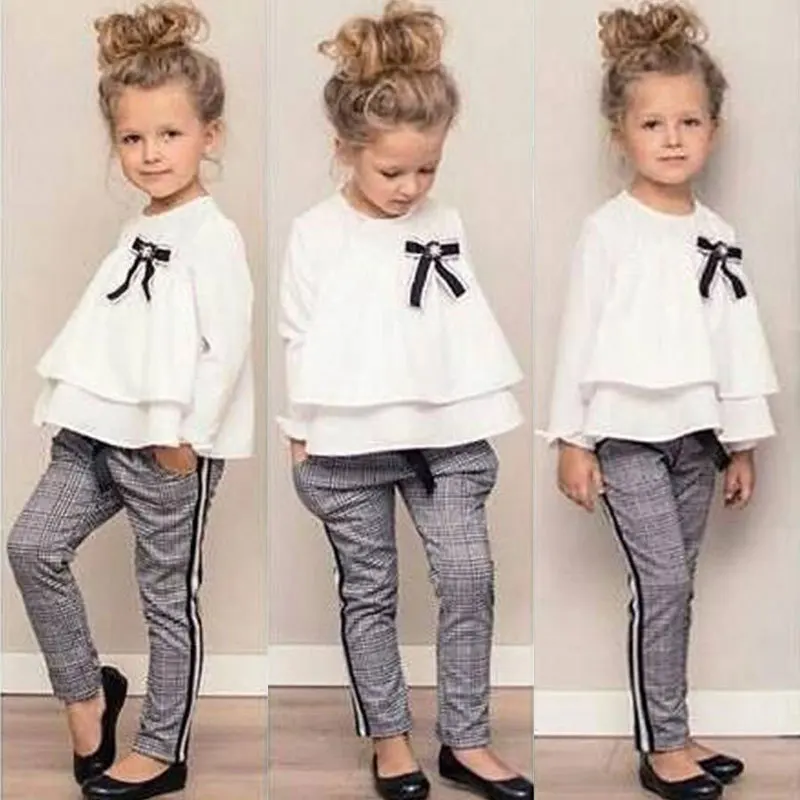

in the fall of 2019 white coat plaid pants suit girl 2 woolly chiffon children's clothing fashion in Europe and the INS