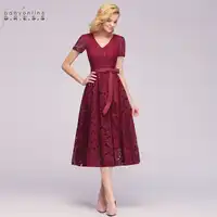 New Plus Size Pink Lace Short Evening Dress Cheap V Neck Short Sleeve Short Evening Gowns With Sashes Robe De Soiree Courte