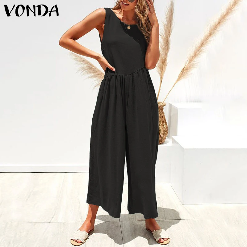 

VONDA Blackless Romper Womens Jumpsuits Ankle-Length Wide Leg Pants 2019 Summer Overalls Beach Sleeveless Playsuit Plus Size