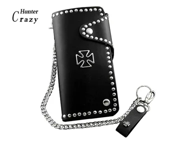 

Mens Punk Biker Hip Iron Cross Snap Long Leathr Wallet Purse W/ Anti Theft Chain