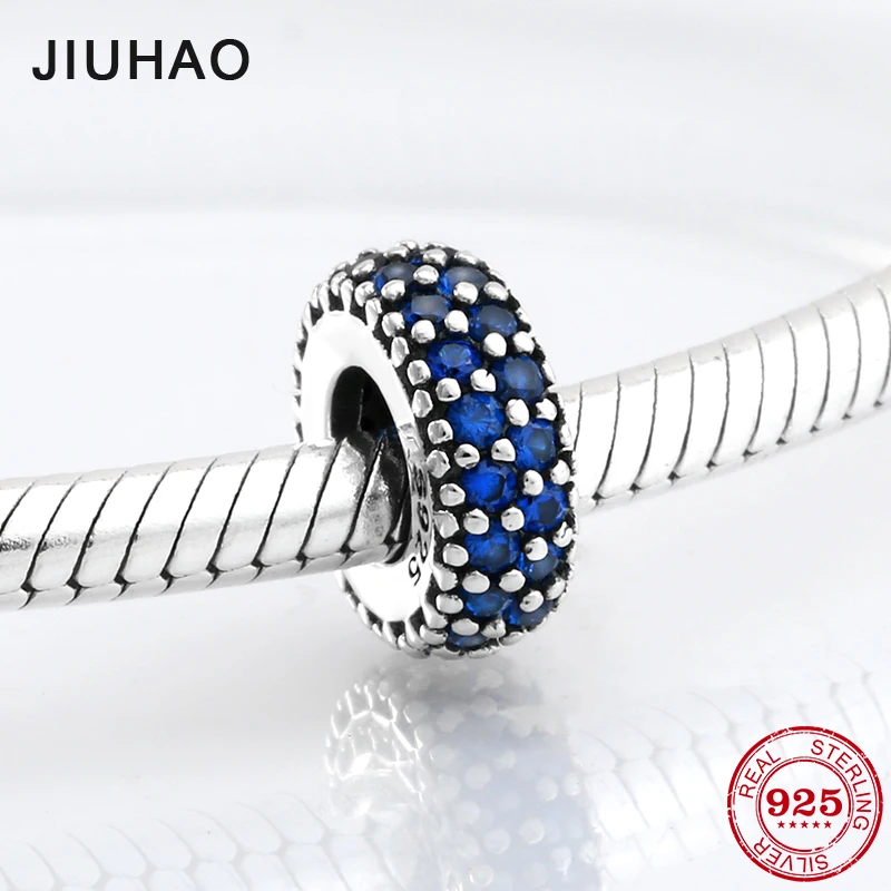 

925 Sterling Silver Fashion sparkling round shape blue CZ interval beads Fit Original Pandora Charm Bracelet Jewelry making 2018