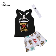 Фирменная Новинка для новорожденных, младенцев, детские для маленьких девочек Майки Короткие штаны повязка на голову, комплект из 3 предметов, Повседневная одежда Кофе печати Летняя одежда