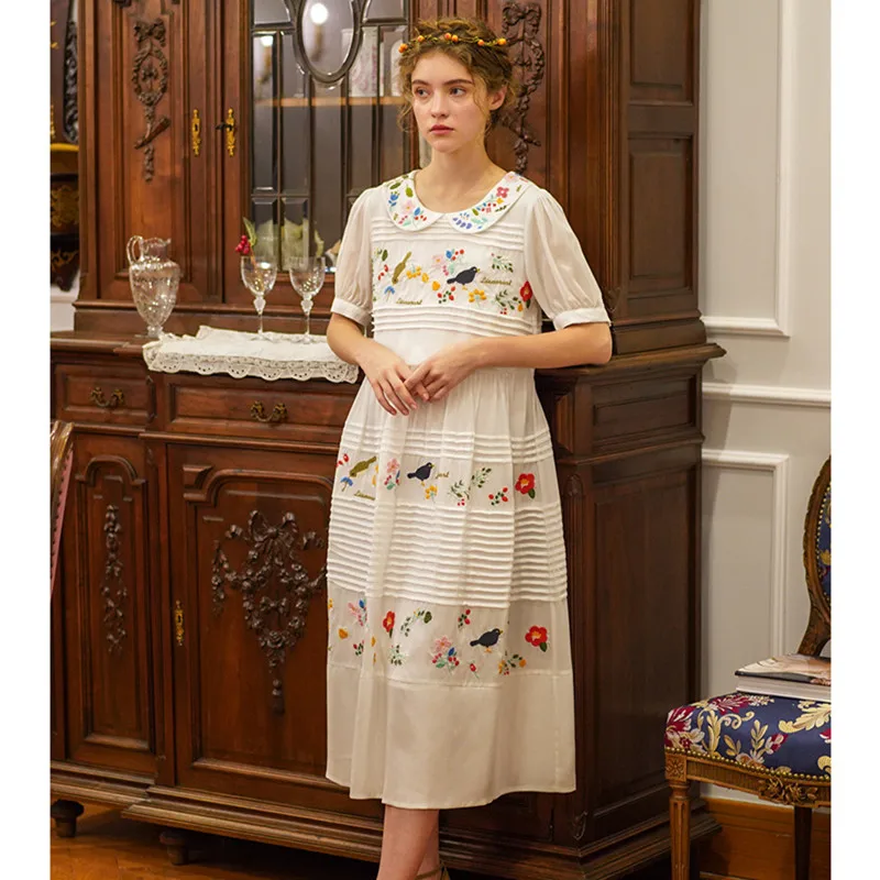 

Summer Autumn Women Vintage Elegant White Dress Ladies French Retro Mori Girls Embroidery Femme Casual Loose Cotton Midi Dress