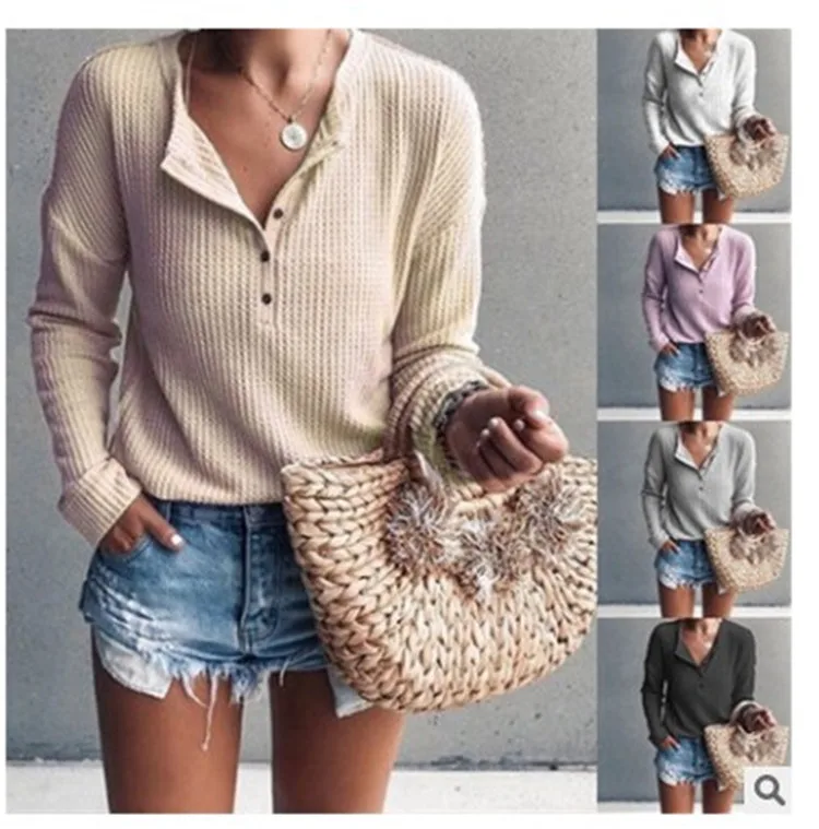 

Mr.nut Women's 2019 Spring and Autumn Fashion Button V-neck Long Sleeve Top Knitwear Women