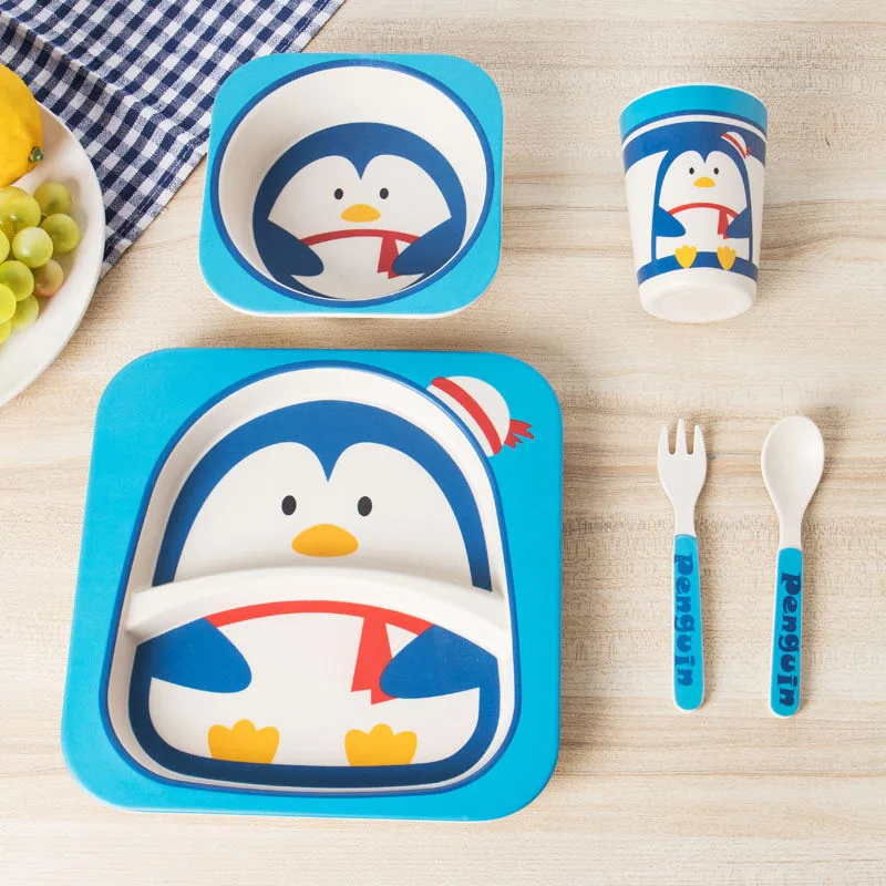 

Children Dinnerware 5pc/set Baby Dishes Bowl Cup Plates Sets Food Container Plate Meal Tray Bamboo Fiber Cute Cartoon Tableware