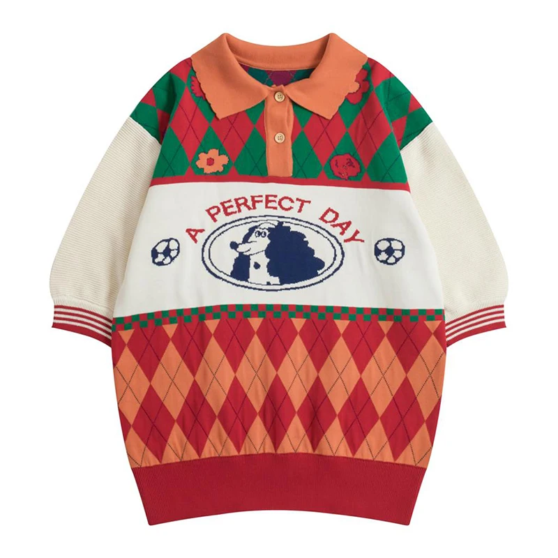 

High Quality Women's Pullover Sweater Diamond Plaid Green Rainbow Plaid Half Sleeve Ladies New Spring Loose Knit Pullover