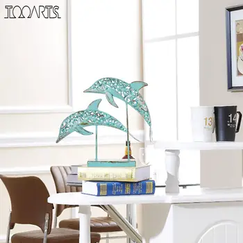 

Tooarts Metal Iron Sculpture Two Blue Dolphins Iron Handmade Statue Design Statue Retro Ornament Marine Life Home Decoration
