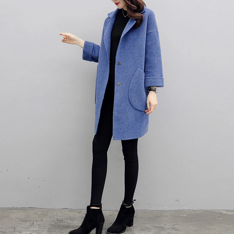 Abrigo largo de lana para mujer otoño ropa azul - 4