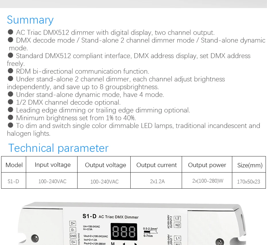 AC100-240V 288 Вт 2 канала Triac DMX диммер, двухканальный выход кремния DMX 512 контроллер S1-D