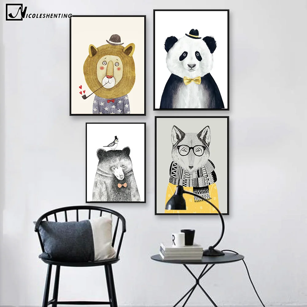 Мультфильм животных Медведь Лев Panda Холст плакат минимализм Nordic Книги по