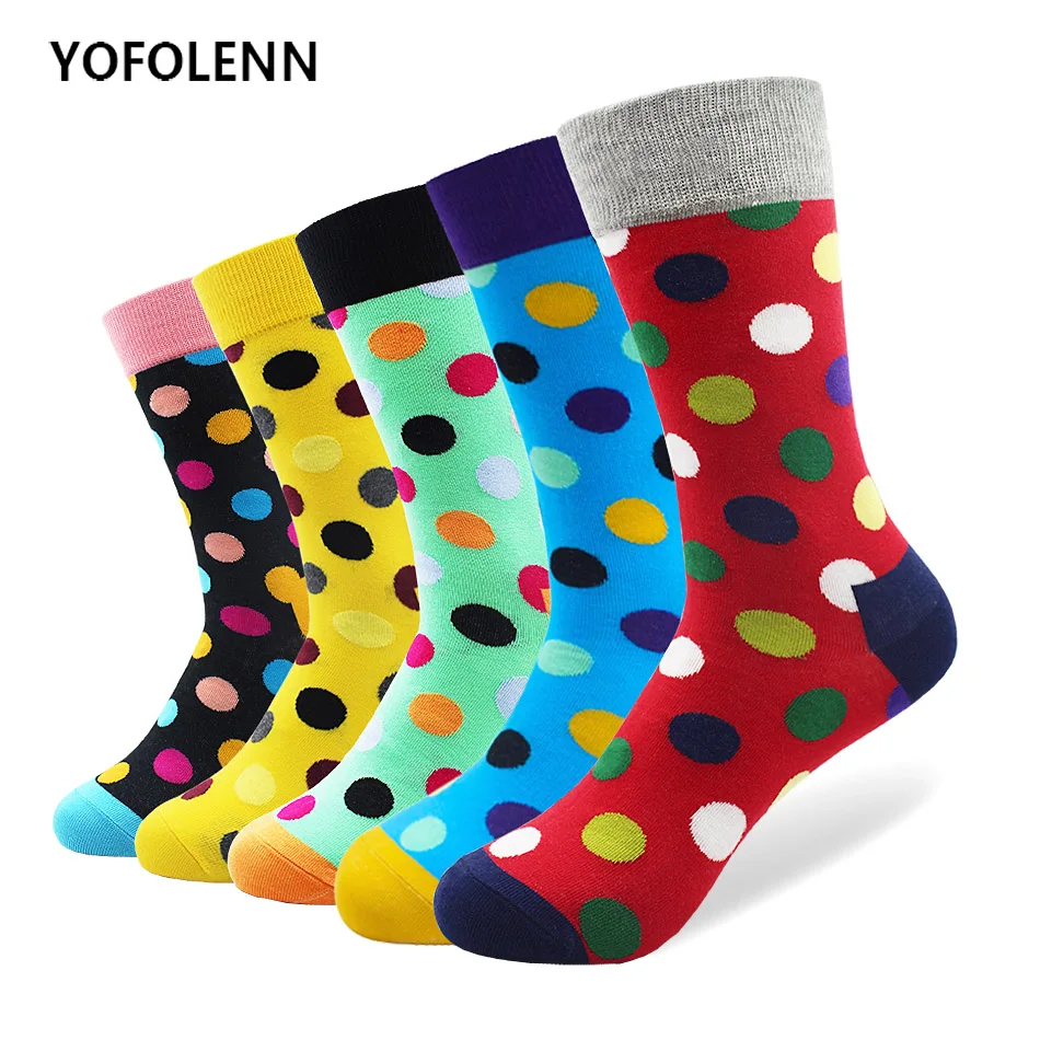 

5 pair/lot Fashion High Quality Socks for Men with Pattern Big Dot Series Happy Funny Socks Colored Casual Crew Wedding Gift