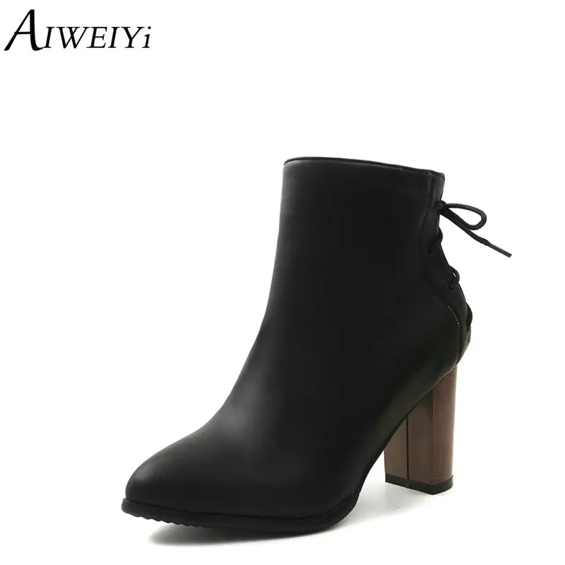 

AIWEIYi Soft PU Leather Ankle Boots for Women Pointed toe Back Lace Up Platform Shoes Autumn Winter Short Martin Boots