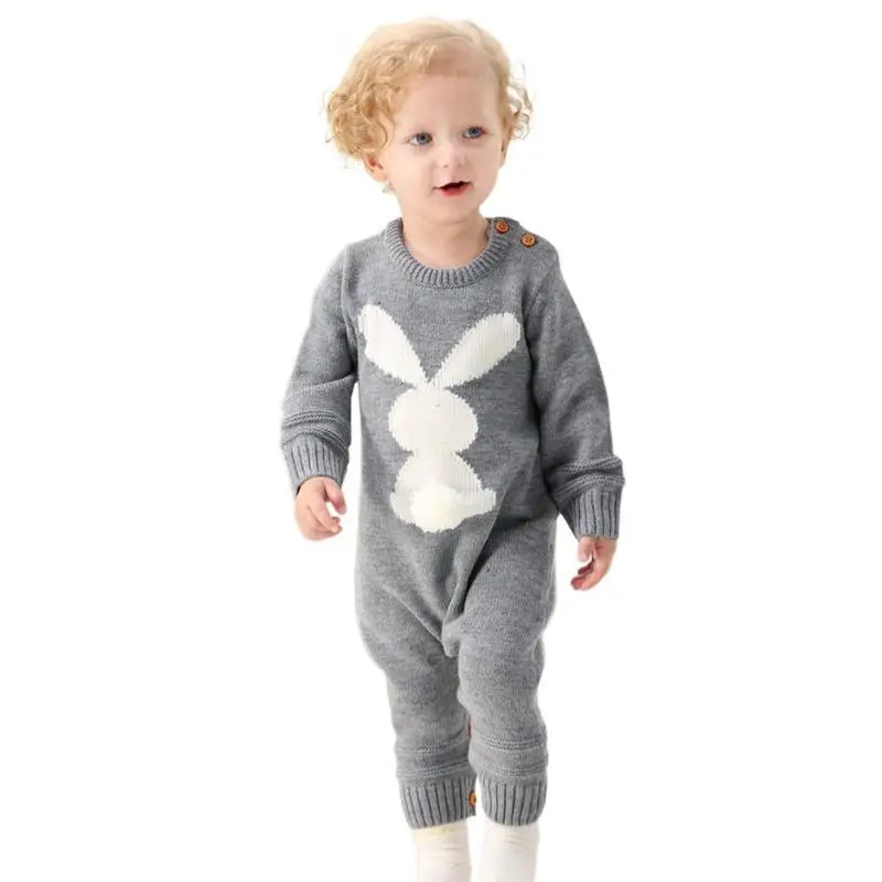Для маленьких девочек зимняя одежда для мальчика с рисунком кролика Вязаный комбинезон-кролик, милая толстовка с длинными рукавами для детей ясельного возраста комбинезон, костюм комбинезоны для девочек в возрасте от 0 до 24 месяцев - Цвет: Серый