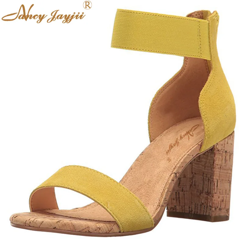 

2018 Summer Nude Yellow Comfort Soft Sandals Open Toe Fashion Square Heels 8CM Ankle Strap Causal Shoes Women sandal Size 46 47