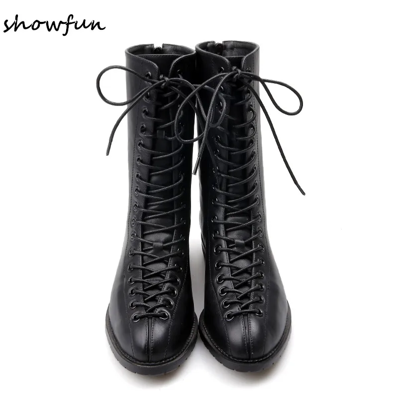 Goede Vrouwen echt lederen cross strap lace up flats herfst winter mid kuit laarzen merk designer leisure zwart martin laarzen schoenen
