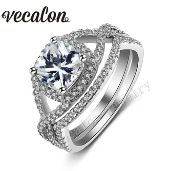 

Vecalon 2016 New Design cushion cut 3ct AAAAA Zircon Cz Wedding Ring Set for Women 10KT White Gold Filled Engagement Band