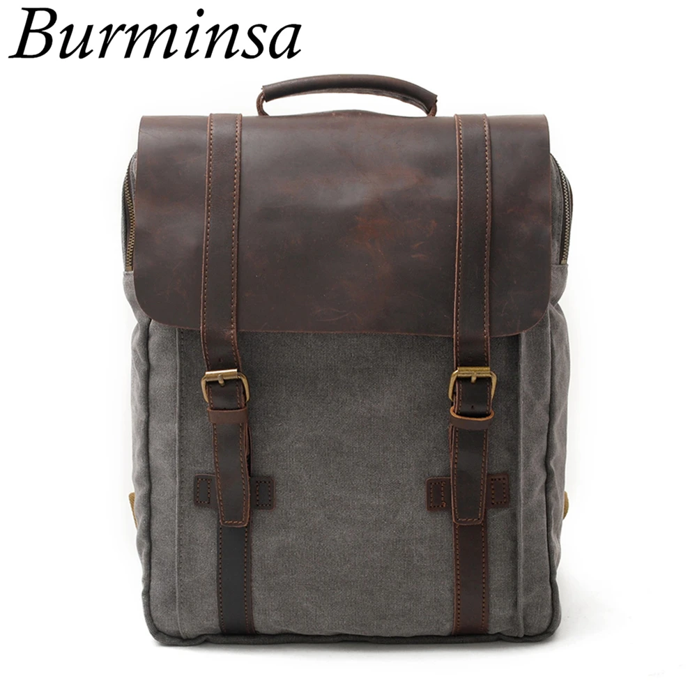 Burminsa винтажный большой кожаный холщовый рюкзак Crazy Horse для мужчин, школьные сумки, женский рюкзак для ноутбука, подростковые дорожные сумки