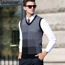 Шерстяной мужской свитер без рукавов с v-образным вырезом, клетчатый градиентный серый коричневый, осенне-зимний пуловер в клетку, вязаный шерстяной мужской жилет